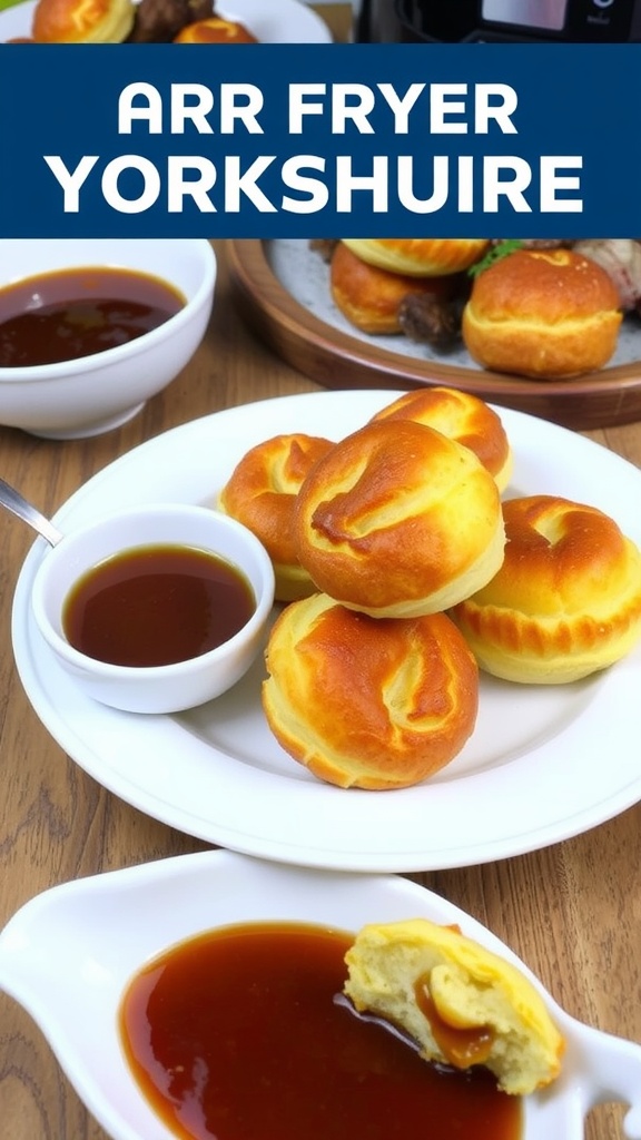 Golden crispy air fryer Yorkshire puddings served with gravy on a rustic wooden table.